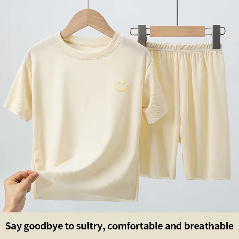 

Children's ice silk pajamas, summer thin short sleeved shorts, 2-piece set of big boys and girls' home clothing set
