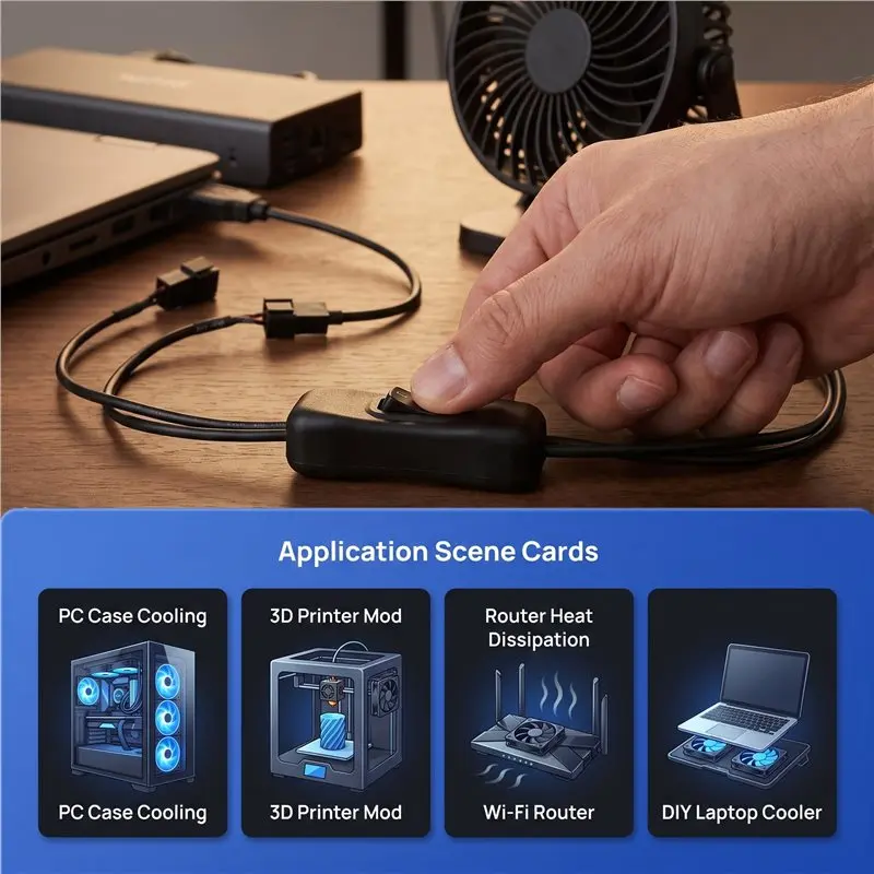 Portable USB To 3-Pin / 4-Pin PWM 5V USB Sleeved Fan Power Adapter Cable Case Fan Adapter Connector Cable With On Off Switch