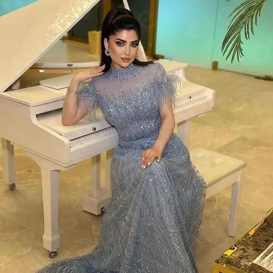 Sky Blue Prom Dresses High Neck Pleated Beading Saudi Arabia Evening Dresses Floor Length Customized Feathers Wedding Dress