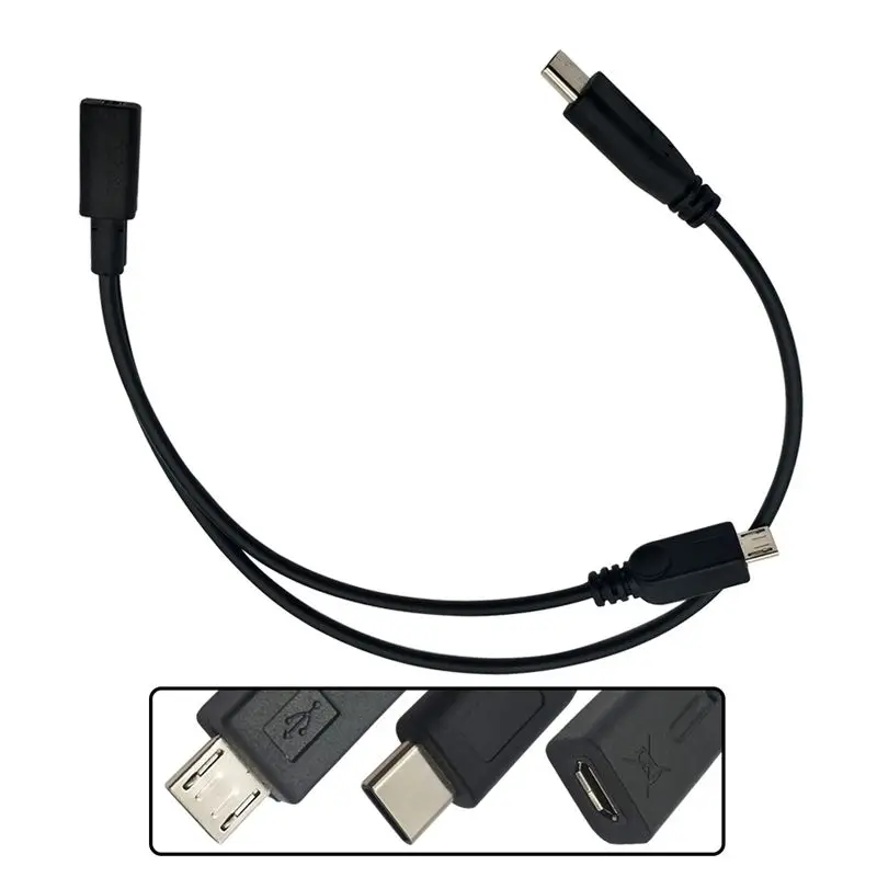 0.25m 1/2 USB 2.0 Micro 5Pin Female to Type-C Male Plus Micro USB Male Phone and Computer Charging Data Connection Cable