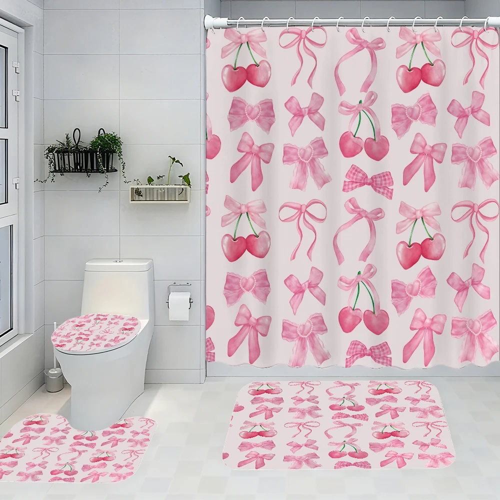 

Pink Cherry Bathroom Four-piece Set - Avant-garde Waterproof Shower Curtain, creating a complete bathroom kit
