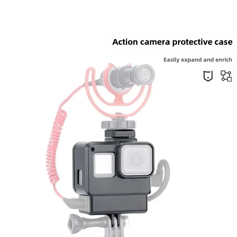 V2 Vlog Action Camera Case for GoPro Hero 7 6 5 Black with Cold Shoe Mount for External Microphone+Pro 3.5mm Mic Adapter