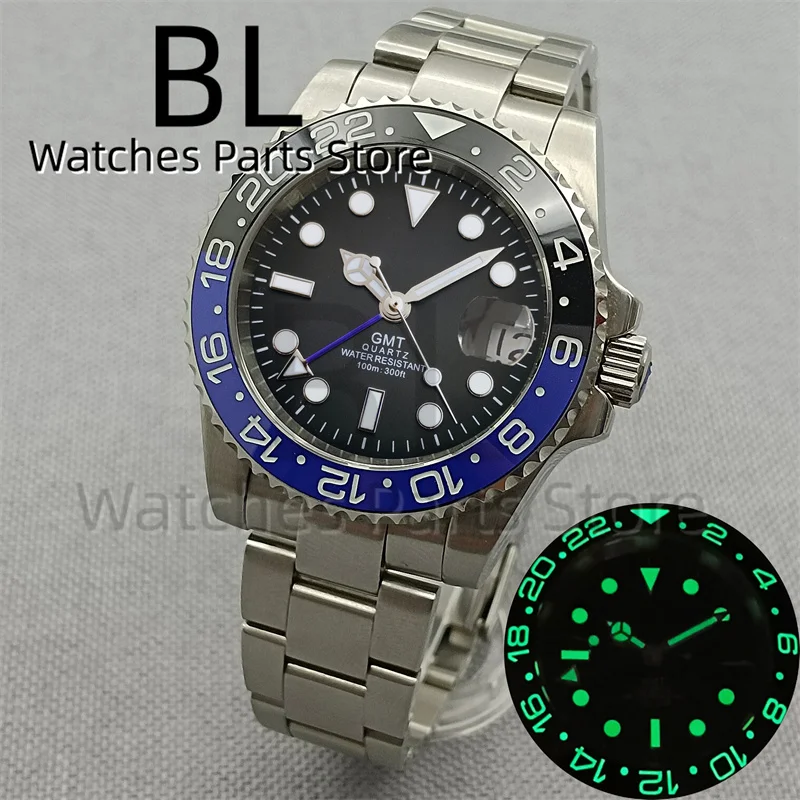 BLIGER 40mm 515 24H GMT Men's Watch Stainless Steel Clasp Luminous Quartz Movement Ceramic Bezel 10Bar Waterproof Sapphire Glass