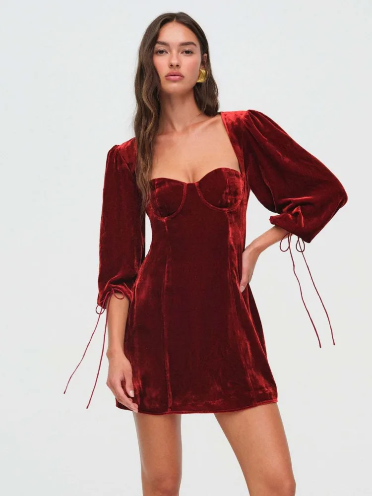 Articat Elegant Long Sleeved Velvet Hollow Out Dress Women Sexy Backless Party Evening Dress Autumn/Winter 2025 New Slim Vestido