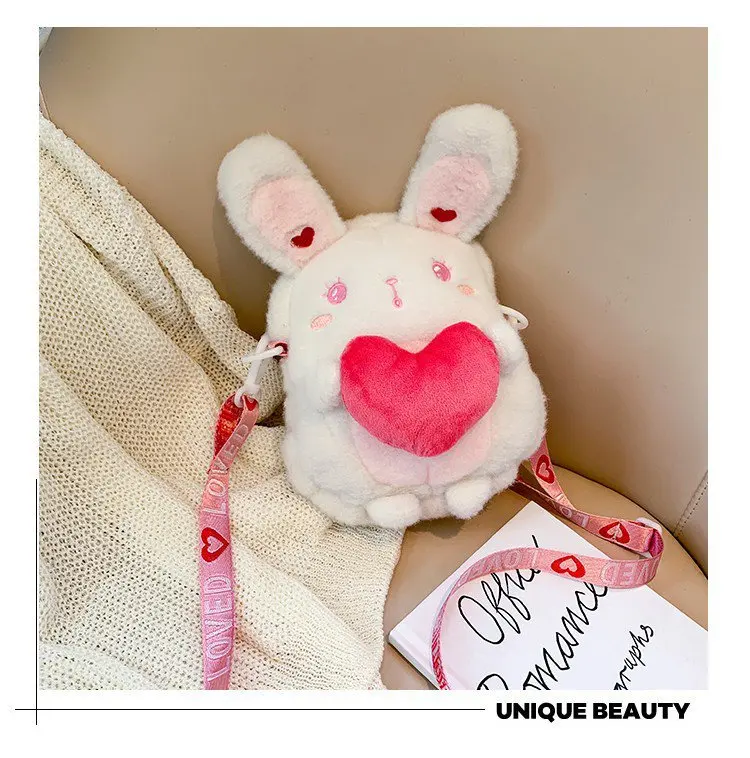 2024 New Cartoon Cute Soft Girl Crossbody Bag Autumn/Winter Hairy Shoulder Bag Girl Plush Rabbit Backpacks