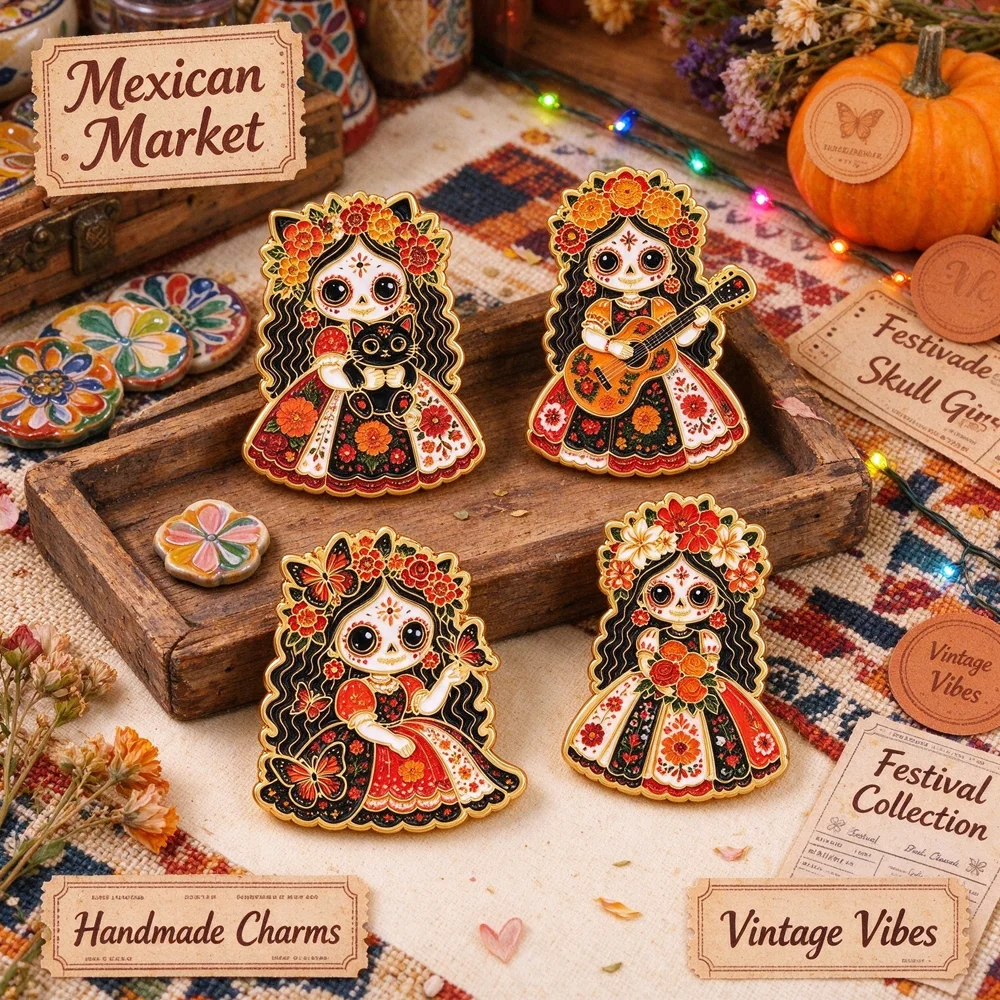 Cartoon Floral Skull Girl Enamel Pins Lapel Badge Cute Sugar Skull Lady Brooch for Clothes Backpack Holiday Jewelry Gift