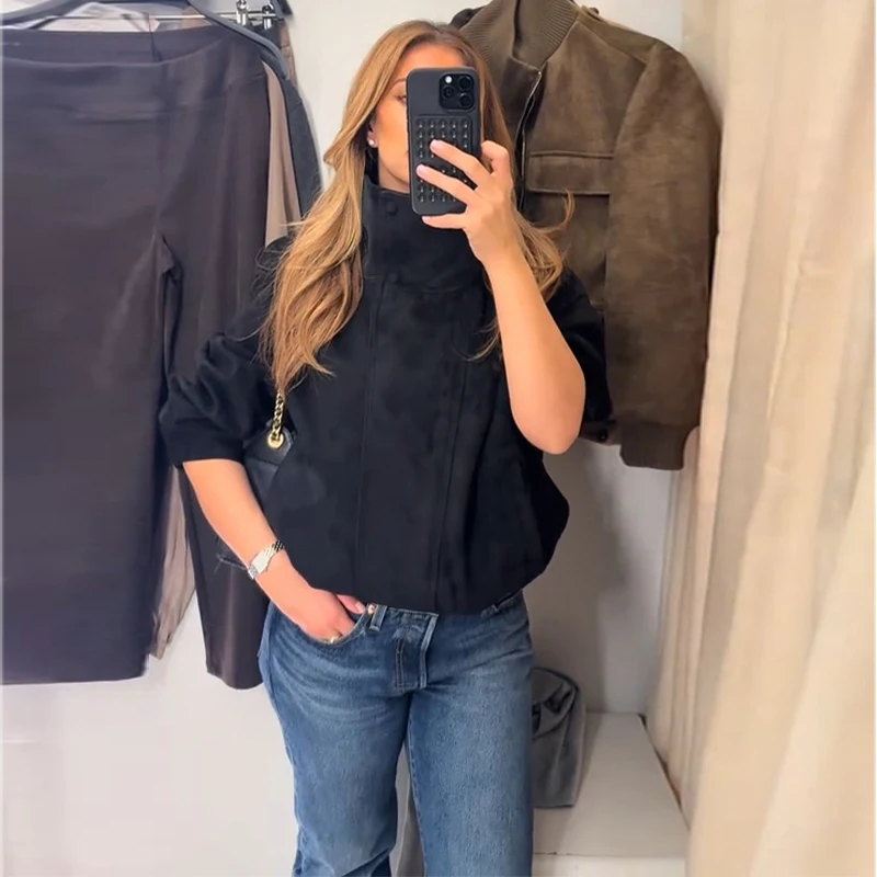 Oversize-Mäntel für Damen, Stehkragen, seitliche Knopfleiste, lange Ärmel, Jacken mit Reißverschluss, Herbst, Damen, geraffte, einfarbige, lockere Jacke, neue Oberbekleidung – Detail 6
