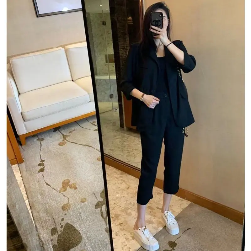 Terno coreano de duas peças feminino, casaco OL, cintura alta, calça de sete pontos, moda primavera e verão, novo estilo, 2023