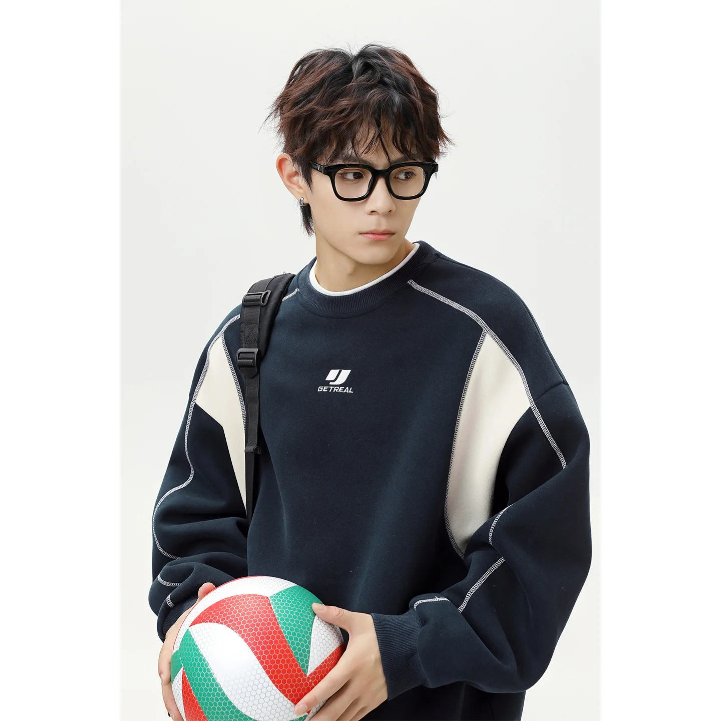 Color Block Patchwork Crew Neck Sweatshirt For Men Autumn New Texture Embroidery Stitching Split Silhouette Sports Jacket FC3S