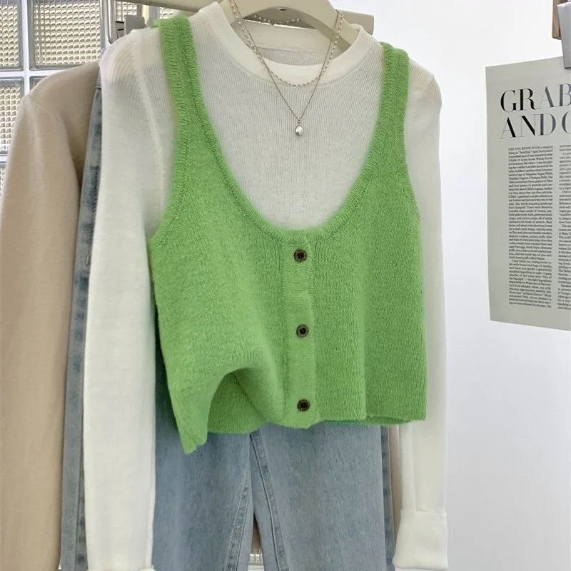 

Button-Up Sleeveless Short Knit Vests For Woman Green Gray Sweater Cardigan Vest Spring Autumn Cute Cover Ups Tops