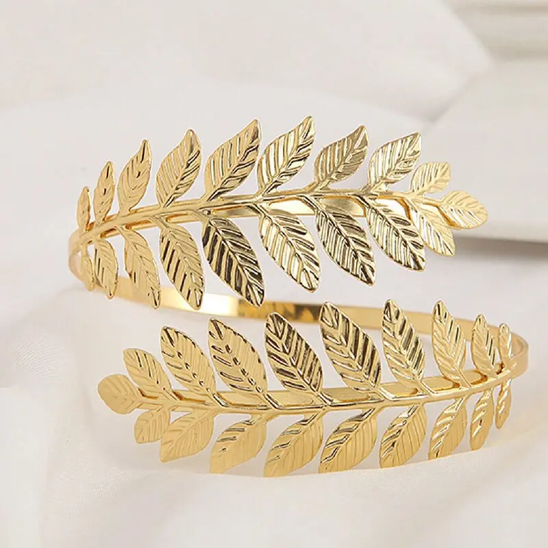 Golden Leaf Spiral Arm Cuff Open Bangle Metallic Layered Foliage Armband Chic Greek Style Body Chain Jewelry For Evening Party