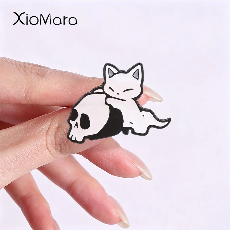 Halloween Cute Grim Reaper Cat Badge Ghost Cat with Skull Sickle Enamel Pins Fashion Lapel Brooch Backpack Clothes Jewelry Gift