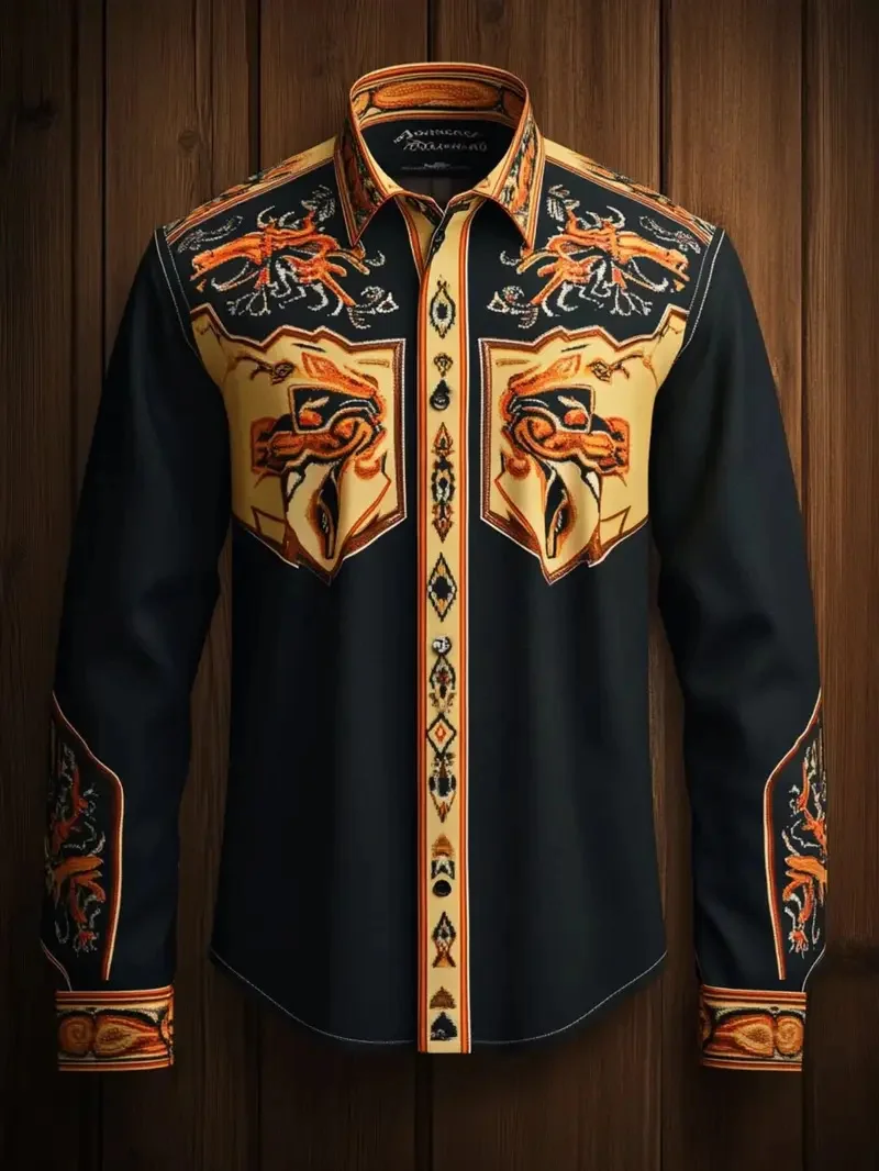 قميص رجالي فاخر مطبوع عليه ريش ثلاثي الأبعاد قميص كاجوال بأكمام طويلة، قميص عصري عالي الجودة