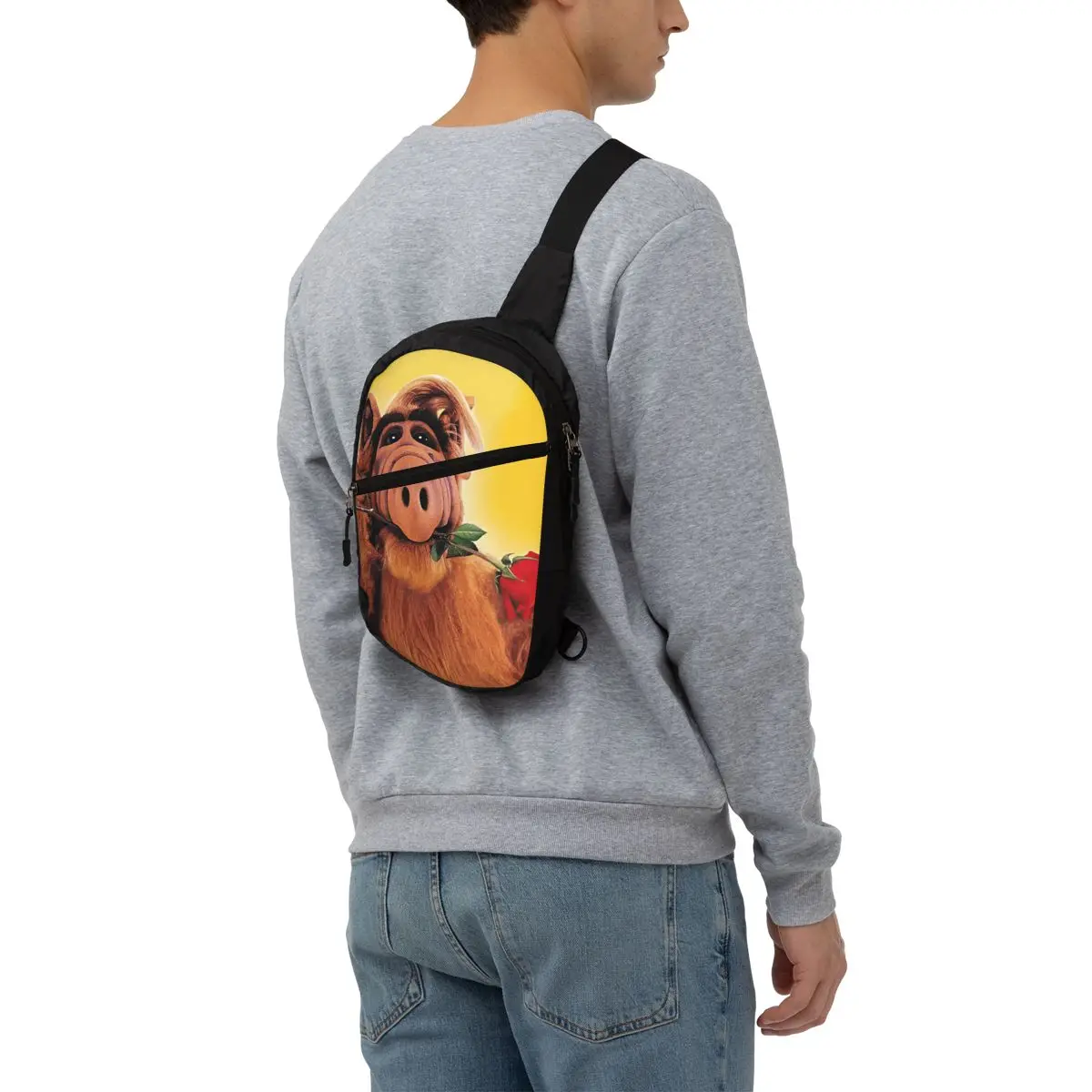 Alf With Flower Sling Chest Crossbody Bag Men Fashion Alien Life Form Sci Fi Tv Show Shoulder Backpack for Traveling