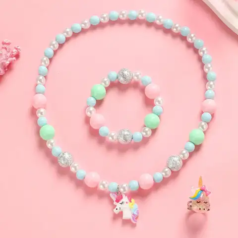 Magical Unicorn Jewelry Set Rainbow Pony Beaded Crystal Necklace Bracelet Ring Princess Gift for Girls Children