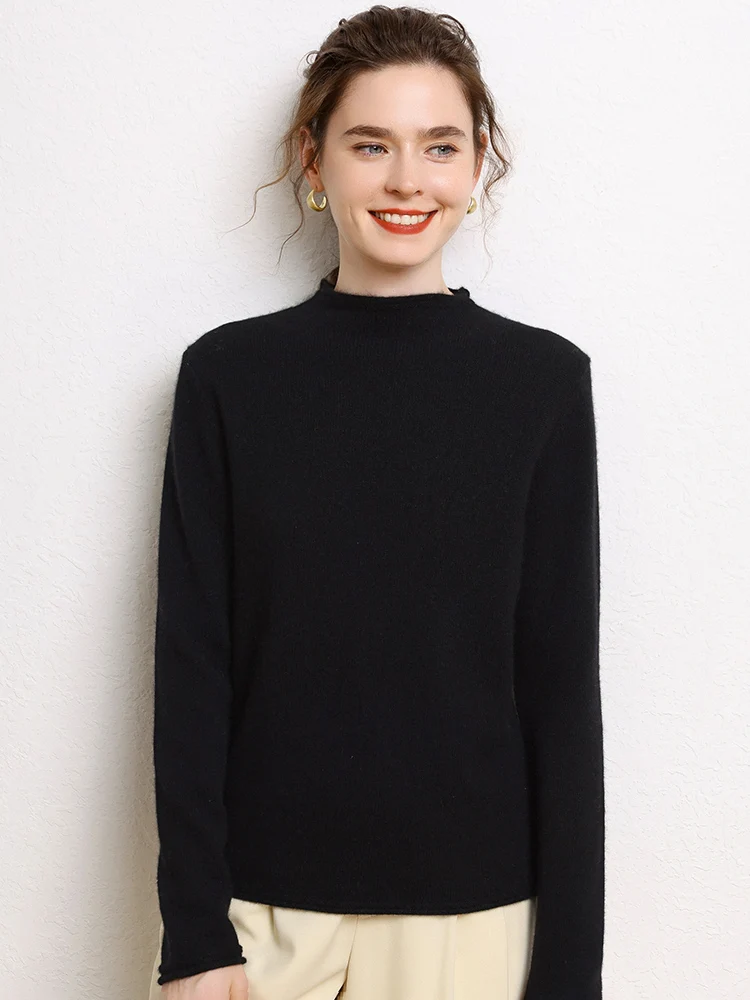 Autumn Winter Women's 100% Cashmere Sweater Mock Neck Slim Pullover Basic Thick Cashmere Knitwear Soft Warm Long Sleeve Clothing