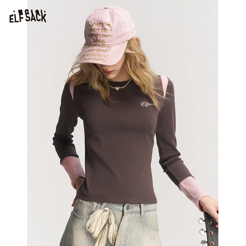 ELFSACK Women's Long Sleeve Patchwork T-Shirt with Contrast Trim & Letter Graphic, Casual Crew Neck Top for Daily Wear