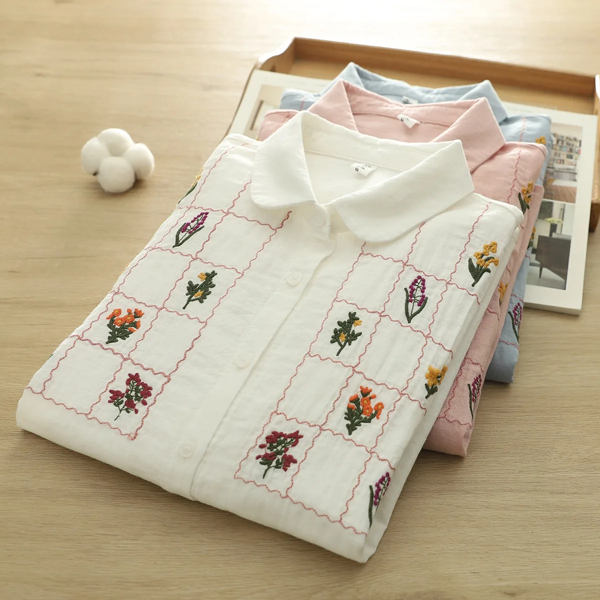 

2025 Elegant women's cotton shirt mori girl spring white pink blue plaid flower embroidery shirts and blouses lady clothes