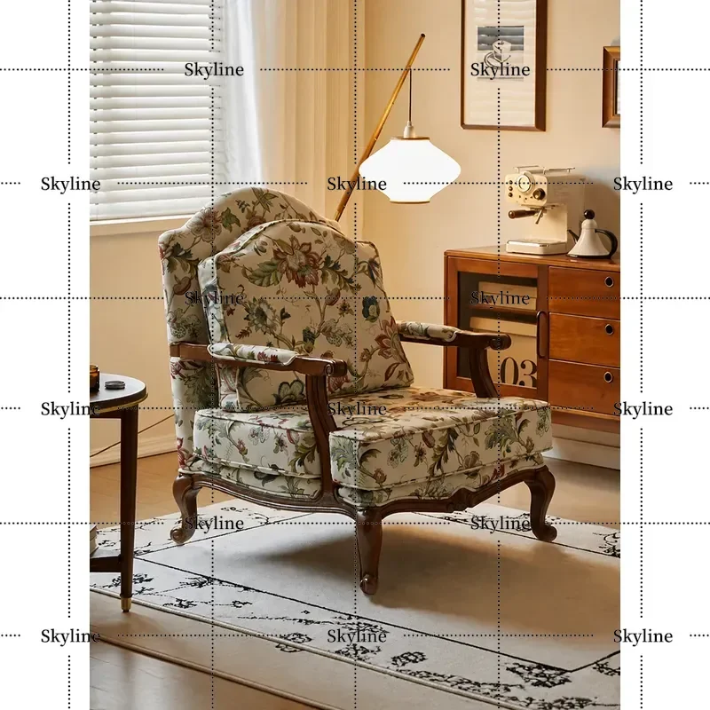 for American tiger chair fabric single sofa French medieval solid wood leisure chair retro living room bedroom back recliner