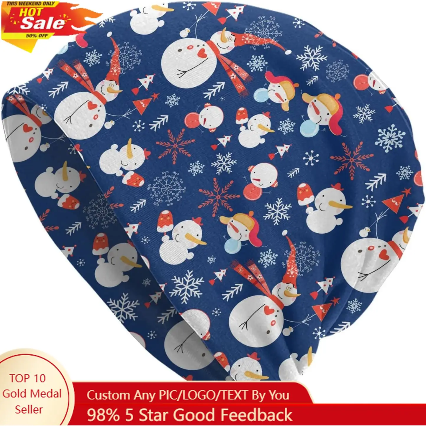 

Christmas Cute Snowman Beanie Standard Closed Chemo Knitted Hats Baggy Slouchy Skull Cap Cancer Headwear for Women Men