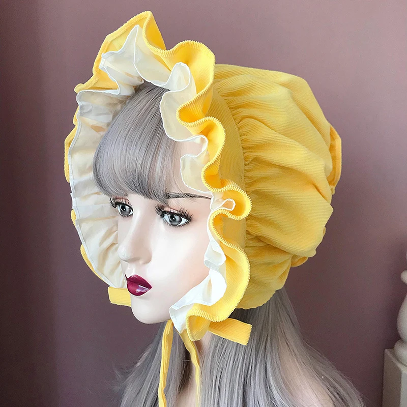 Maid Motorhaube Hut Lolita Mädchen Cosplay Kostüm Zubehör Retro Einstellbare Rüschen Solide Hüte Frauen Viktorianischen Stil Dorf Kappe