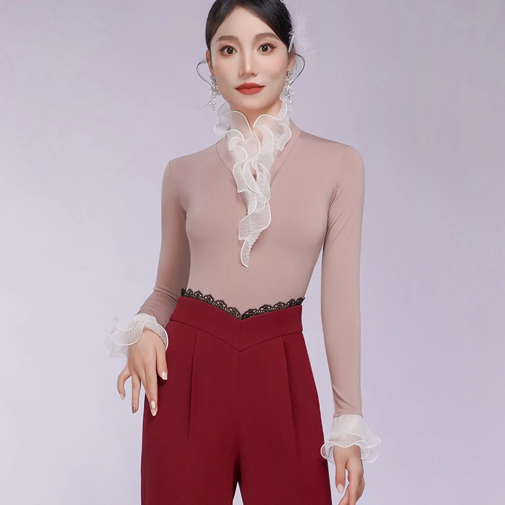 

Black Ballroom Dance Top V-neck Purple Competition Women's Slim New Arrival Cinnabar Waltz Long Sleeve Top Lace