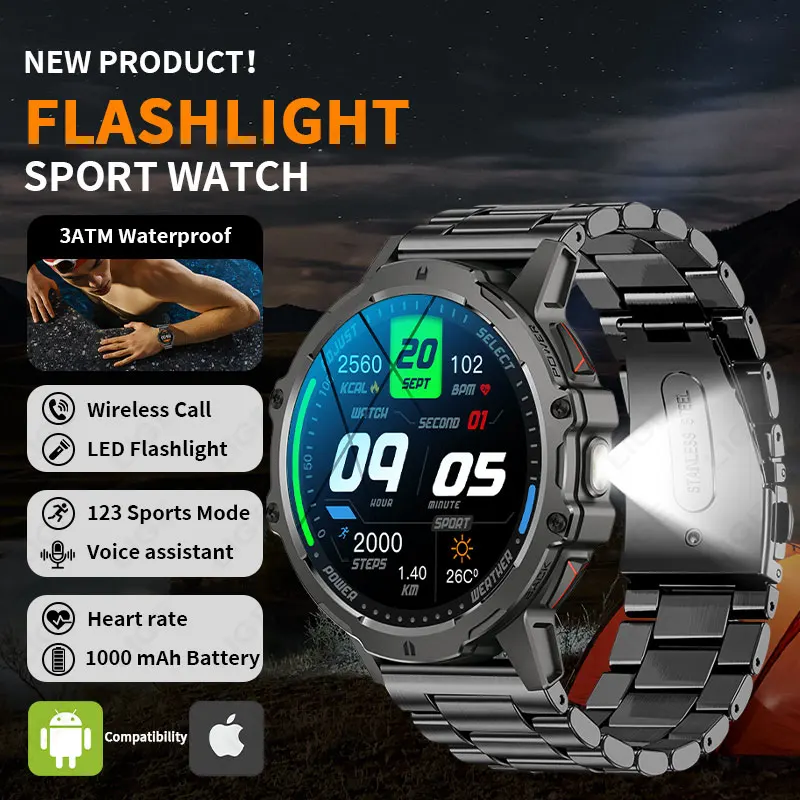 

LIGE Military 1000mAh Battery Smart Watch 3ATM Waterproof 1.7 inch HD Screen Bluetooth Call LED Flashlight Sports Smartwatch Men