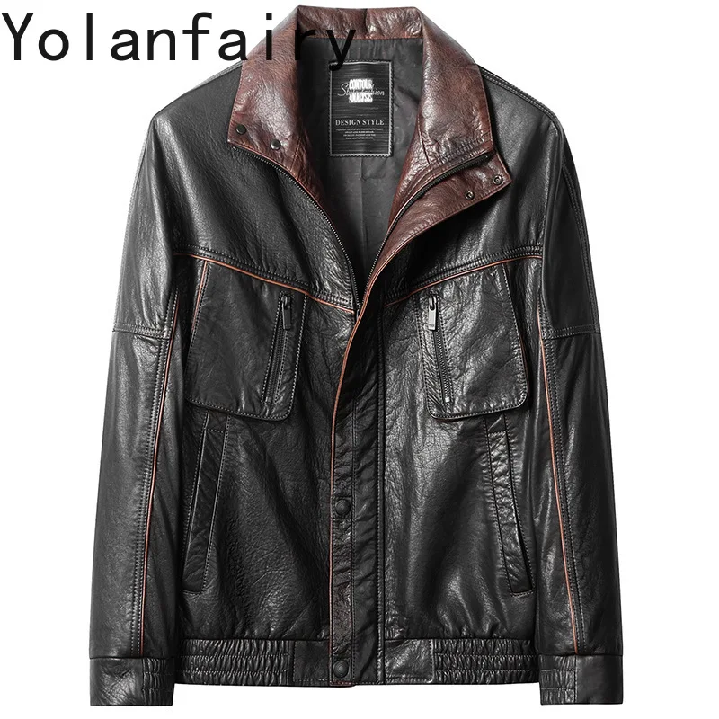 

YOLANFARIY Mens Leather Jacket Genuine Cowhide Motorcycle Jackets Men Clothing Autumn Coat Short Style Jaqueta Couro Loose Fit