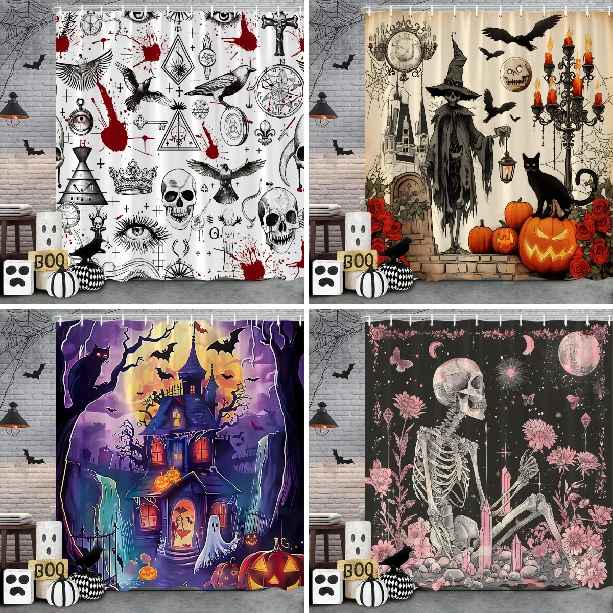 

Scary Halloween Shower Curtain Vintage Skulls Eagles Pumpkins Roses Boho Polyester Fabric Bath Curtain Bathroom Decor with Hooks