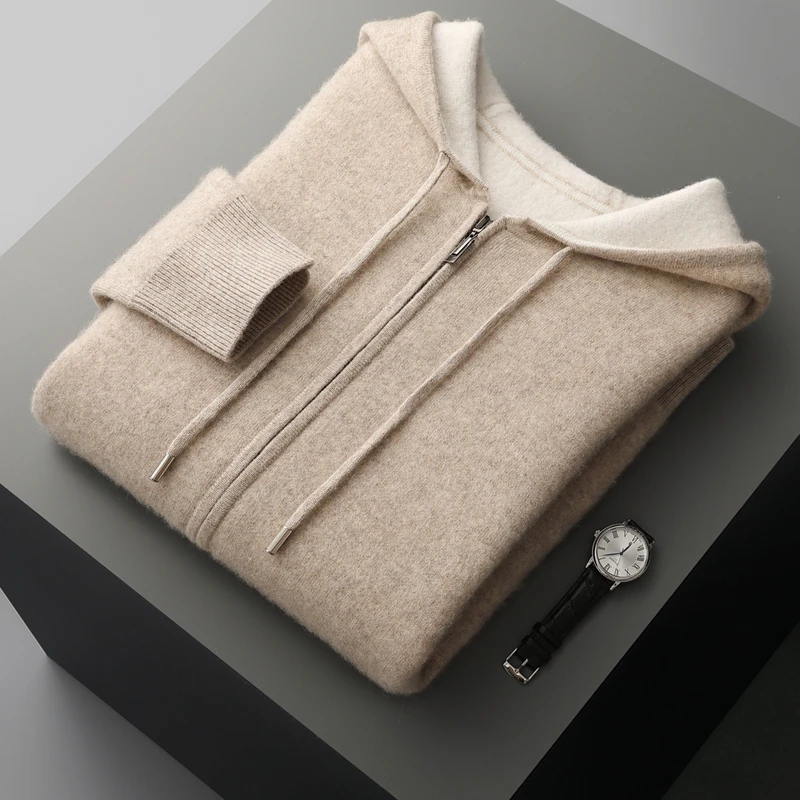 

Autumn And Winter New Men's Hooded Cashmere Sweater Padded Sweater Coat 100% Pure Wool Knitted Hoodie Zipper Cardigan