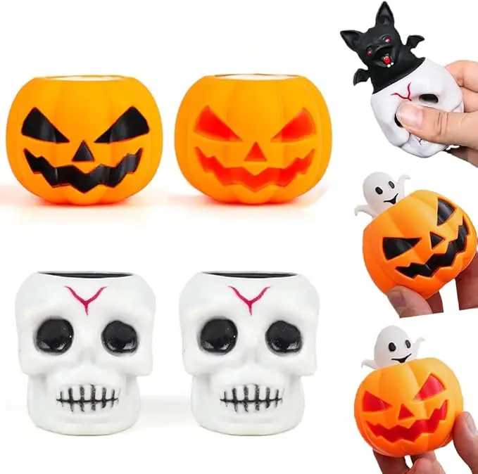 Halloween Squishy Toys Pumpkin Skeleton Shape Stress Relief Sensory Toys Pumpkin Squeeze Toys Black White Ghost in Cups Fidgets