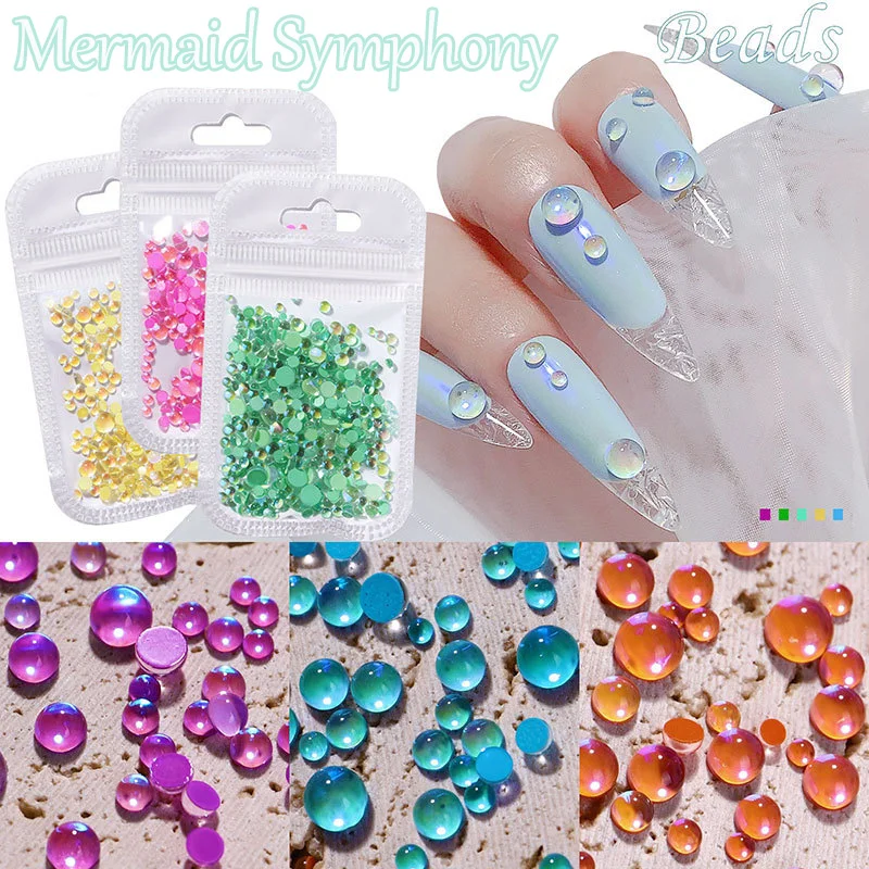 1Bag Aurora Mermaid Tears Nail Decoration Symphony Diamond Jewelry Candy Mixed Glass Half Pearl Bubble Manicure Rhinestones H2