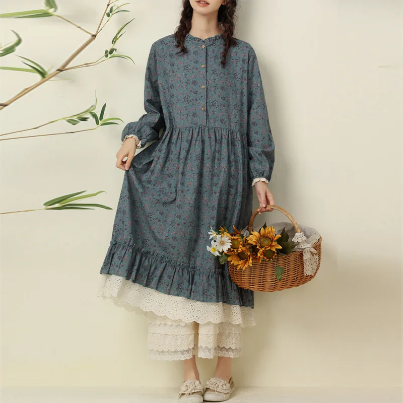 Japanese Fashion Print Dress Pretty Cotton Linen Spring Women New Floral Loose Long-sleeved  Dress Midi Vestido de Mujer Clothes