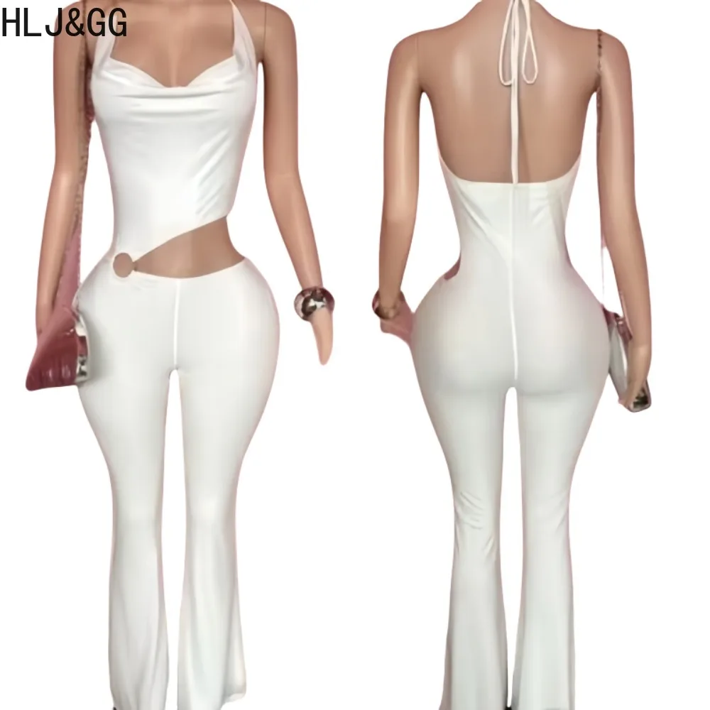 HLJ & GG Y2k セクシーなボディコンジャンプスーツ女性のためのホルターノースリーブ背中の開いた中空アウトロンパース女性ストリートオーバーオール 2025 夏