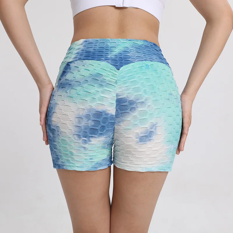 Women's High-Waisted Tie-Dye Bubble Jacquard Yoga Shorts - Butt-Lifting Fitness Workout Shorts with Pockets, Euro-American Style
