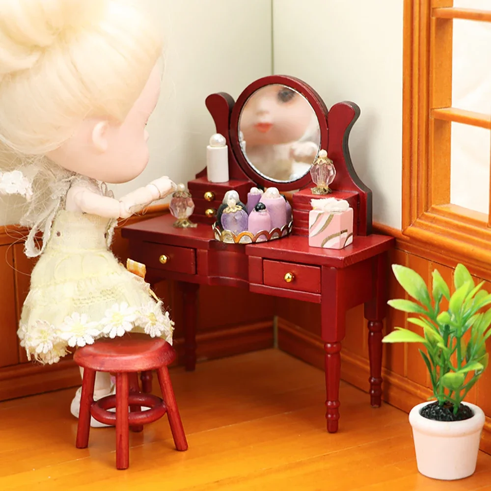 1/12 Dollhouse Miniature Wooden Dresser Mini Dressing Table Model Toys for Doll House Accessories Decoration