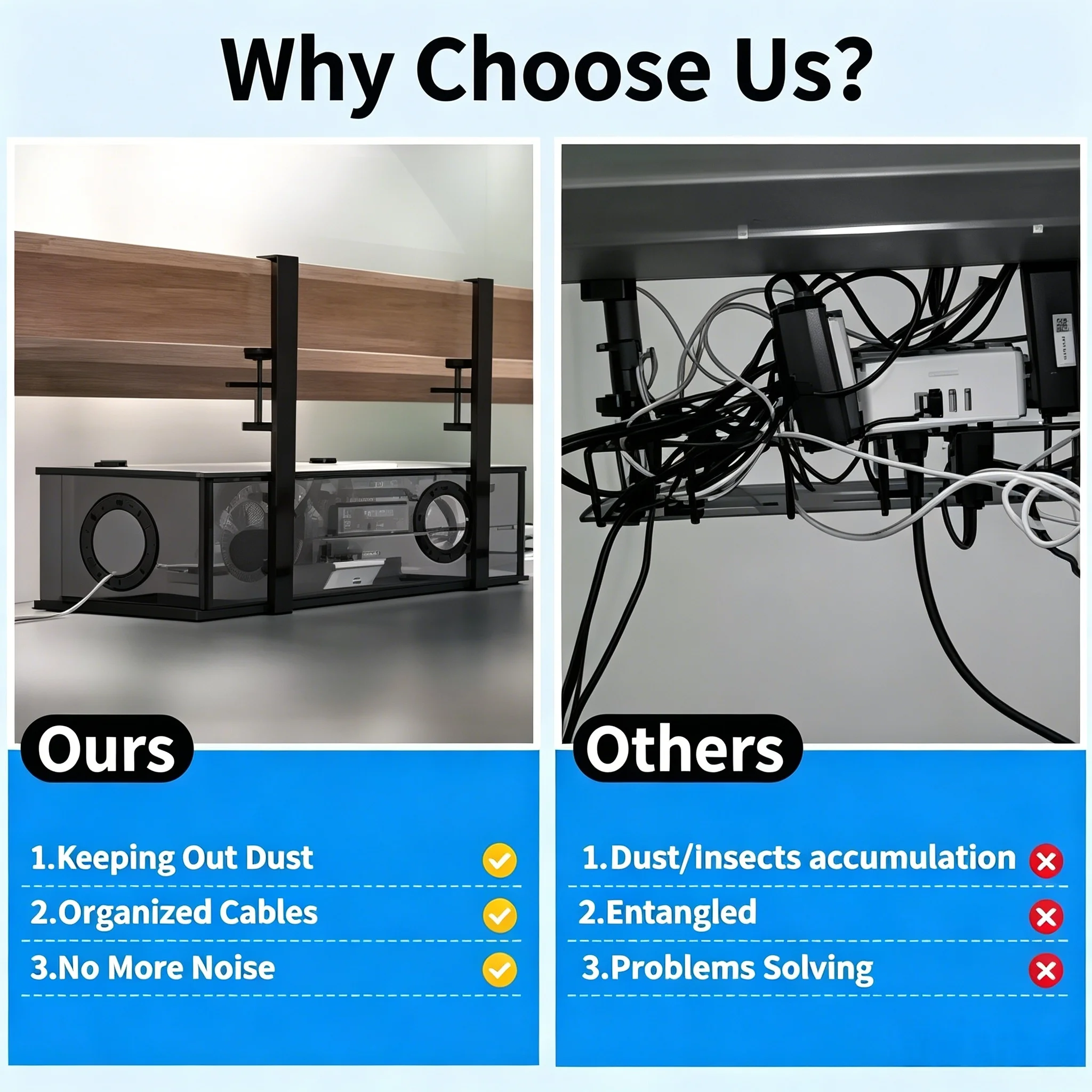 Under Desk Cable Management Tray, Black 1 Pack, Thin Steel Cord Organizer, No Drill Clamp Mount, Wire Management for Office Desk view 6