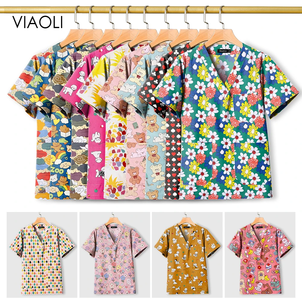 Commercio all'ingrosso Cartoon salone di bellezza abbigliamento da lavoro Veterinaria bellezza dentista stampa lavoro scrub top Pet Grooming abbigliamento da lavoro Unisex