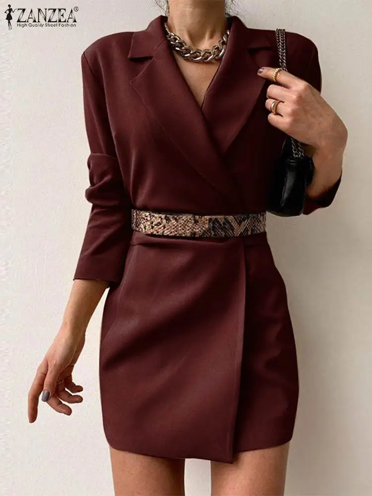 ZANZEA Office Lady Suit Collar Mini Dress Waist Pleated Fashion 2023 Autumn Long Sleeve Short Robes Women Wrapped Blazer Dres