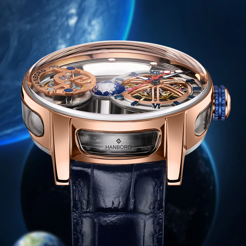 HANBORO Orologi automatici da uomo Orologio da polso meccanico di marca di lusso superiore Rotazione luminosa Quadrante cosmico Cinturino in pelle