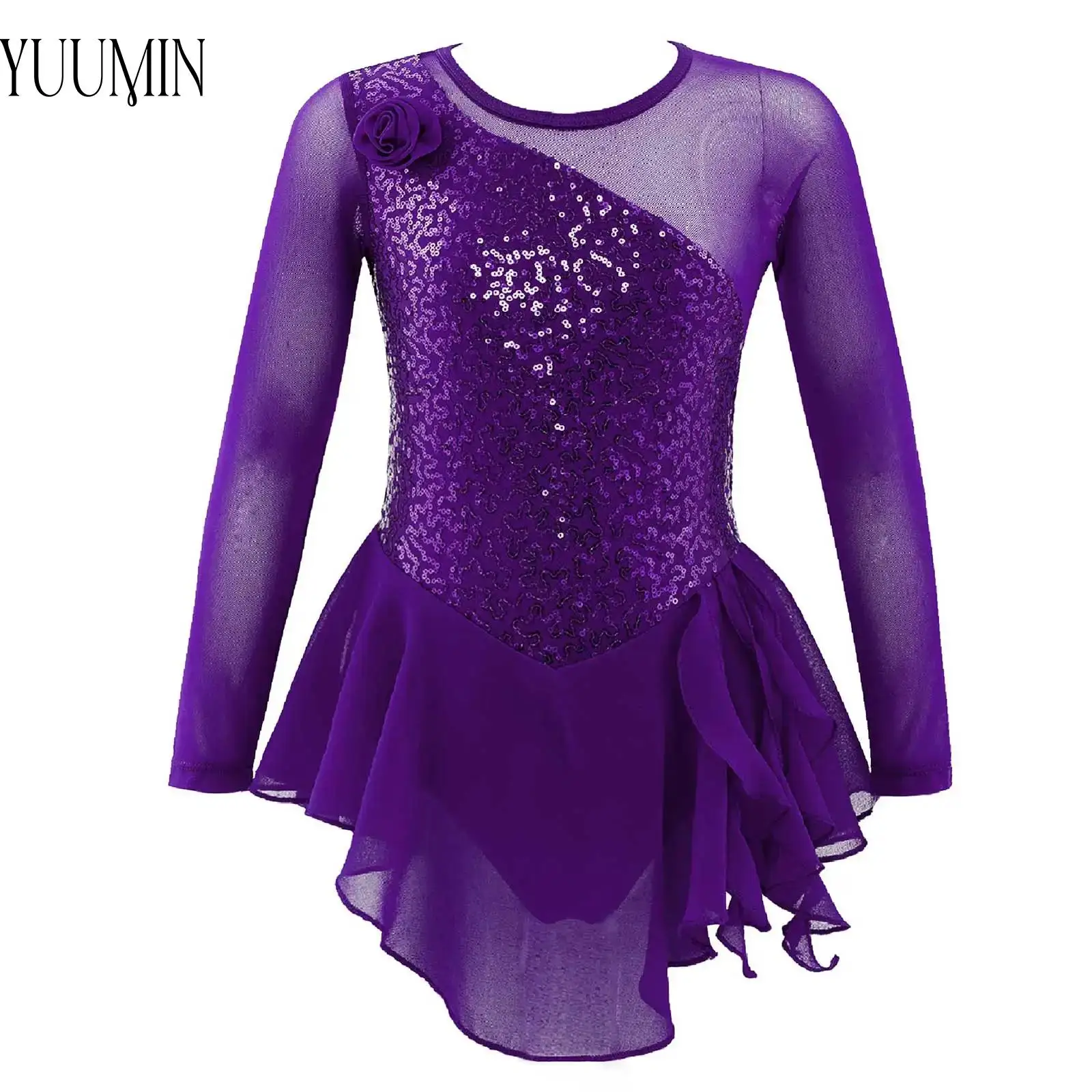 

New Kids Girls Shiny Sequin Ballet Jazz Dance Dress Long Sleeve with Flower Figure Skating Performance Party Costumes Dancewear