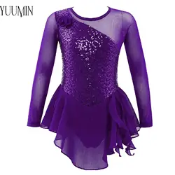 New Kids Girls Shiny Sequin Ballet Jazz Dance Dress Long Sleeve with Flower Figure Skating Performance Party Costumes Dancewear