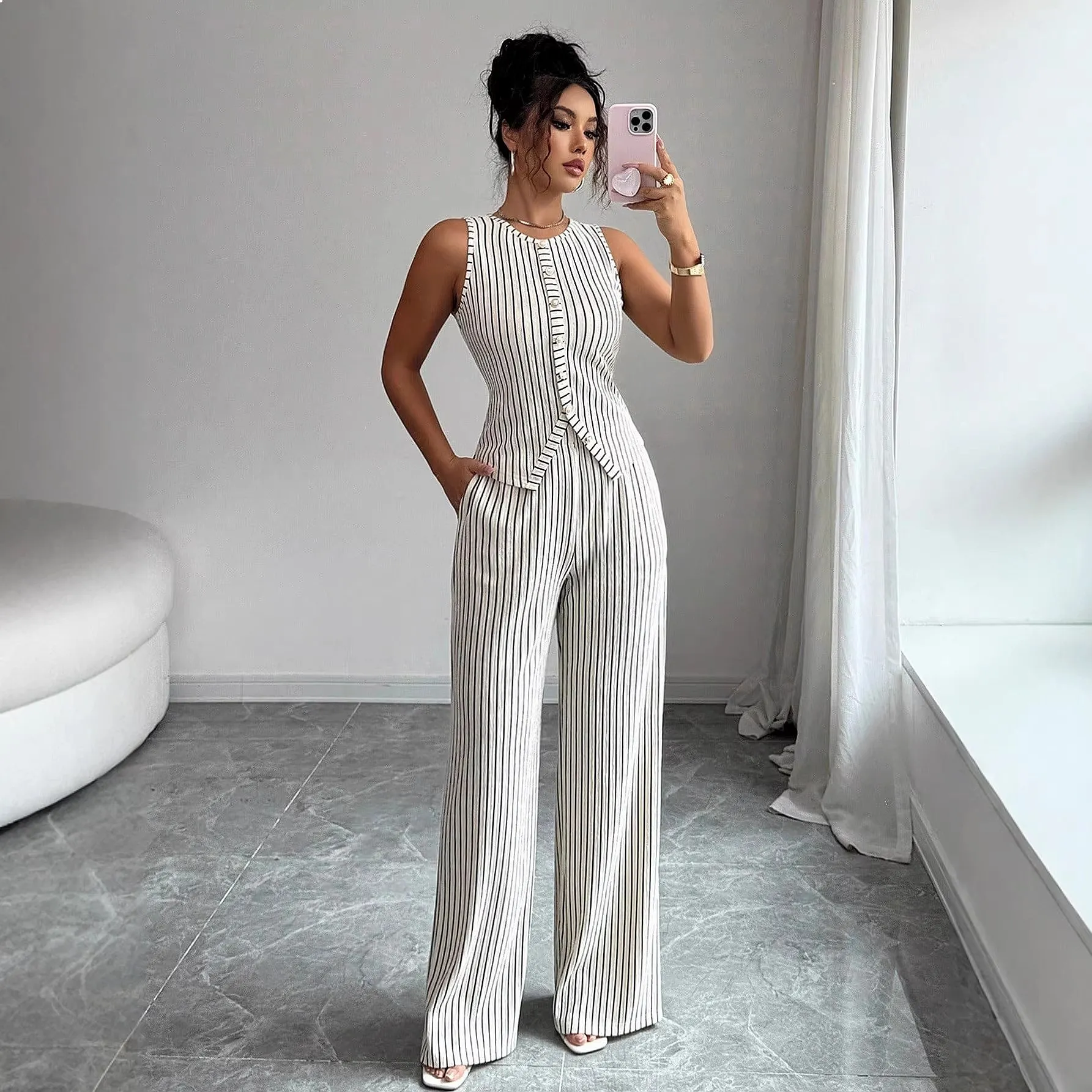 Retro Striped Vest Wide Leg Pants Matching Set Women's Jumpsuit Playsuit Spring Summer Casual Two Piece Set