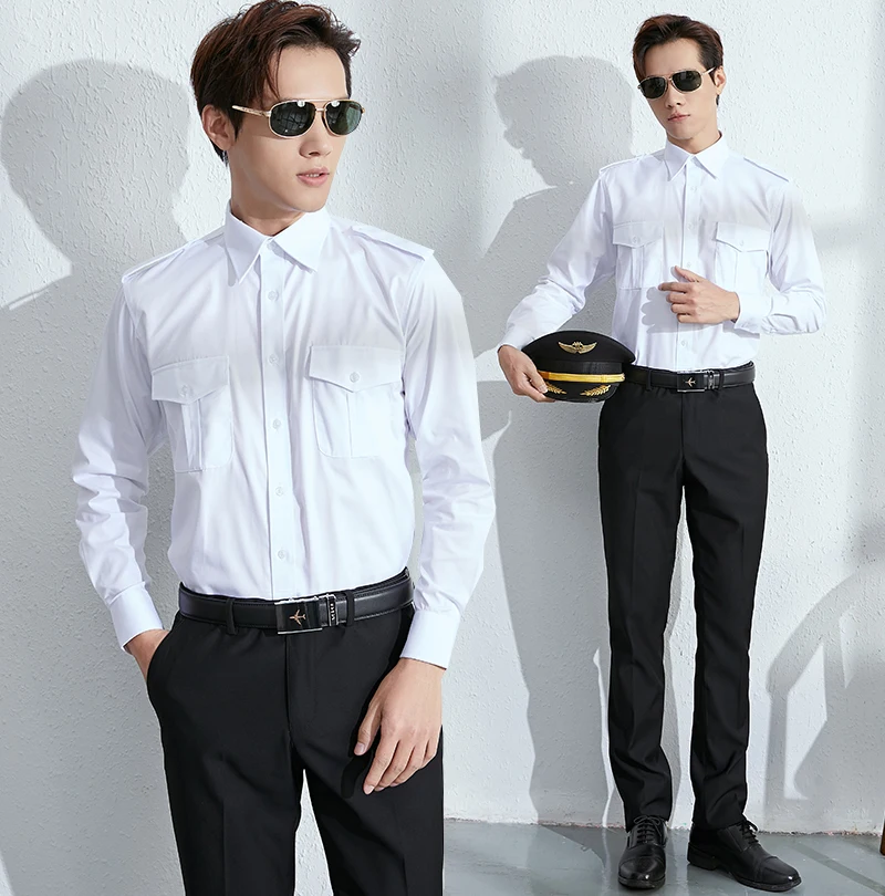 New Brand Aviation Shirt Long Sleeves Male Pilot Captain White Shirts Uniform Men Slim Handsome Short Sleeves Overalls Shirt