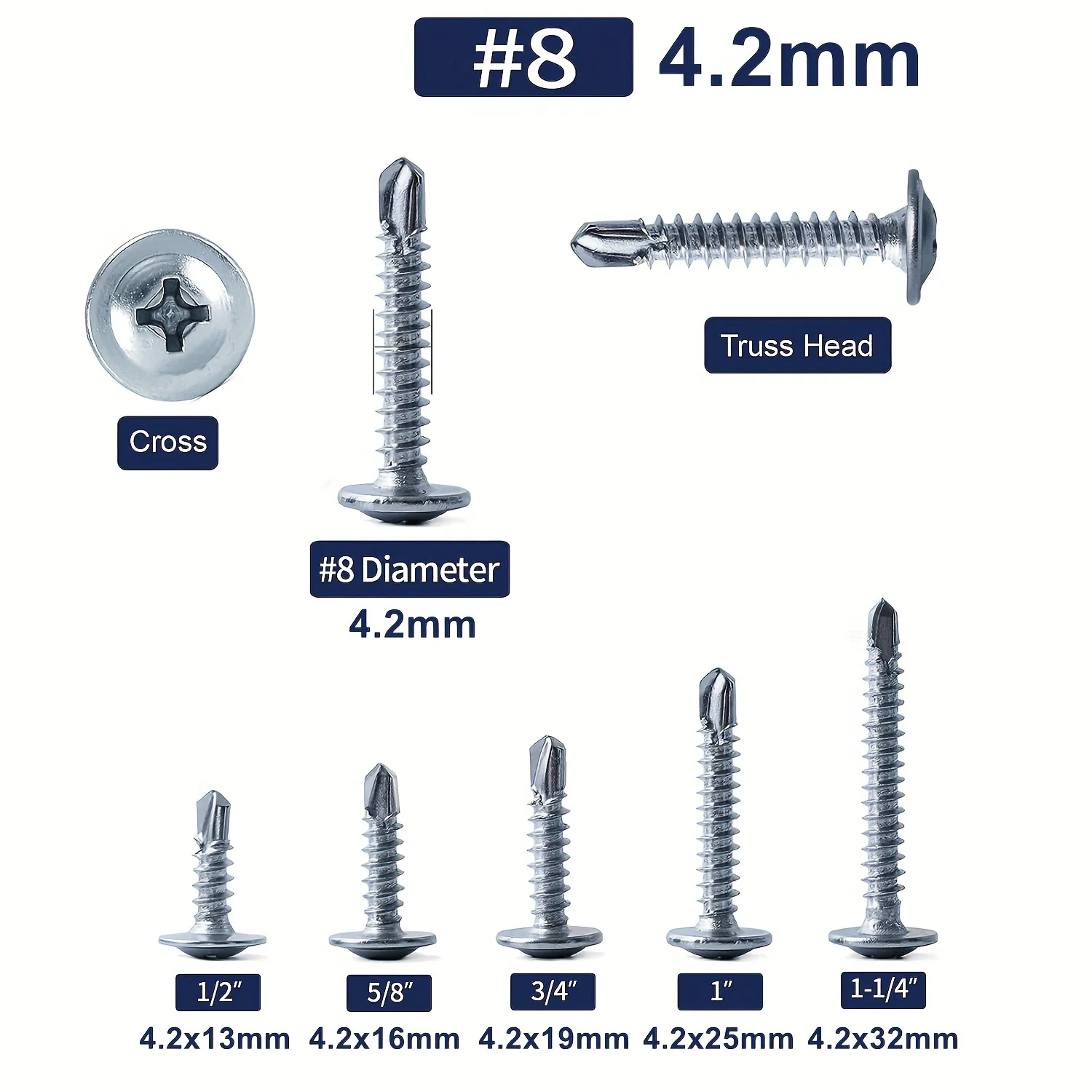 #8 Phillips Truss Head Self Drilling Tek Screw Zinc Oxide Sheet Metal Screws Fast Self Tapping Screws Lath to Metal Studs 100Pcs