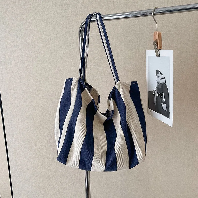 Sommerliche gestreifte Canvas-Tragetasche für Damen, lässig, große Kapazität, einfache Umhängetaschen, Einkaufshandtasche, tägliche Tragetasche – Detail 22