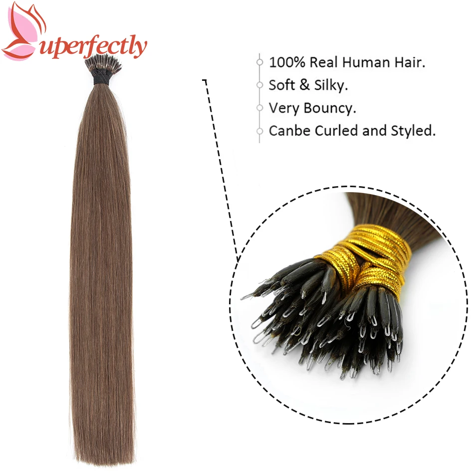 Uperfectly Human Hair Nano Ring Micro Beads Remy Brown European Human Hair Extensions Highlight 14-26Inch Fusion Hair Extension