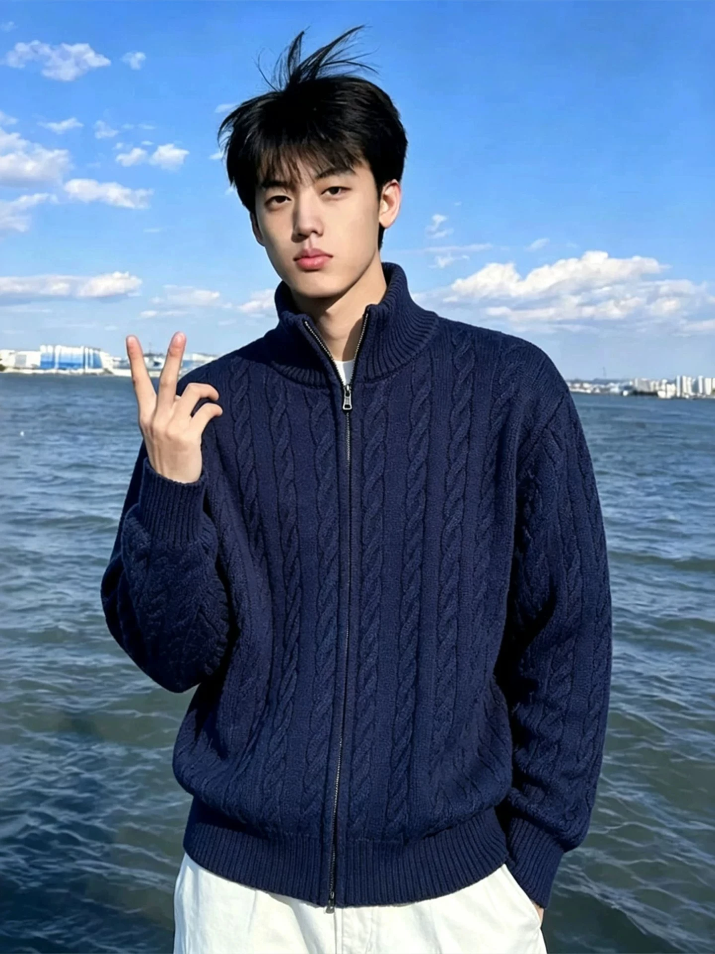 Men's Knitted Sweater Jacket Stand Collar Loose Fit Warm Zipper American Style Winter Fashion Turtleneck Long Sleeve Top