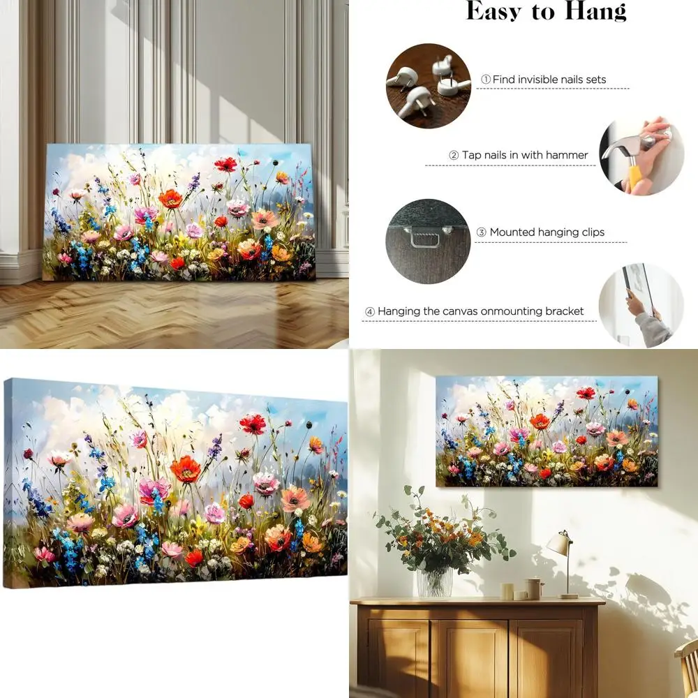 

Farmhouse Style Floral Canvas Art, 20x40 Modern Home Decor, Colorful Flower Market Wall Decor for Living Room and Bathroom