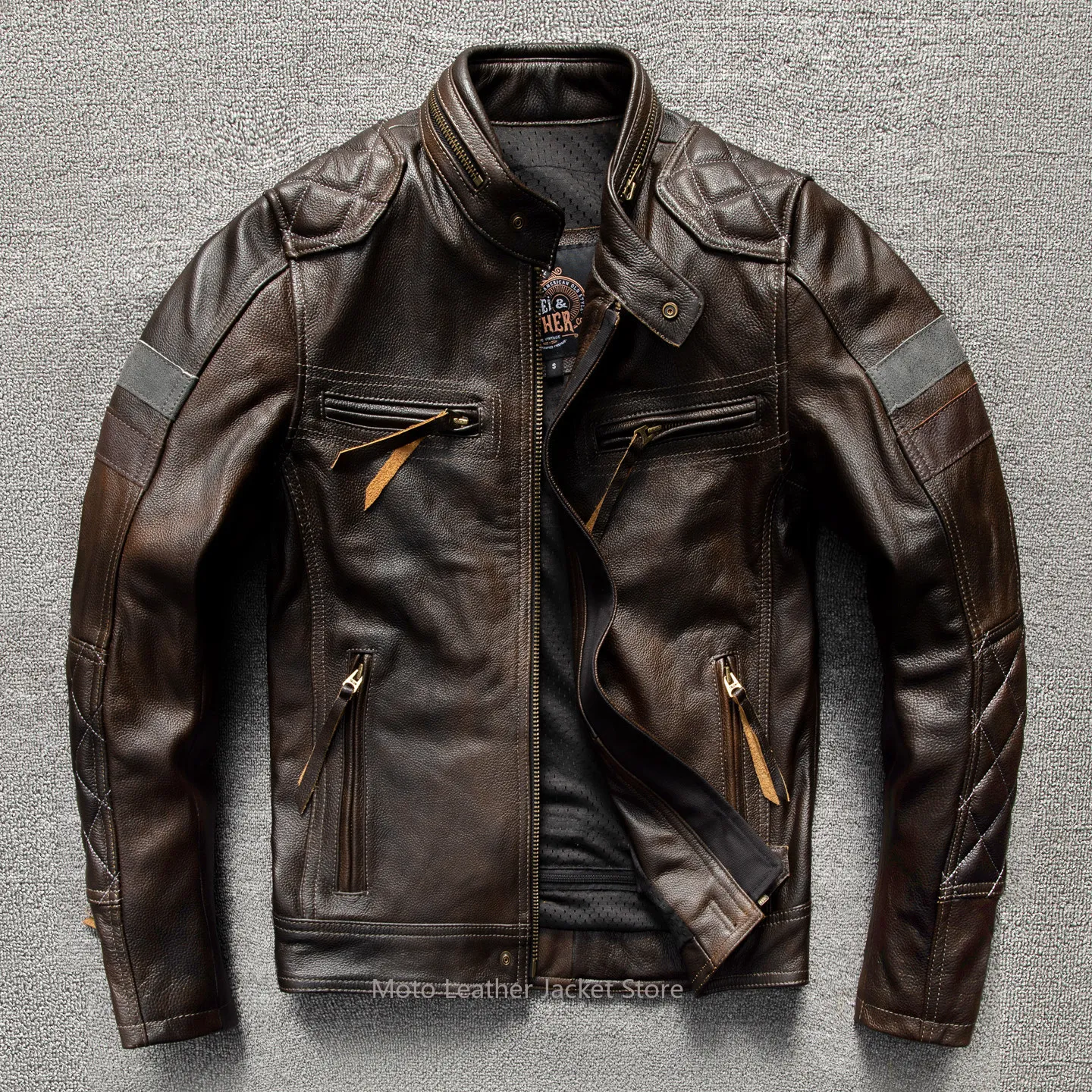 American Dreamy Vintage Biker Genuine Leather Jacket with Protective Gear First Layer Cowhide Heavyweight Motorcycle Coat